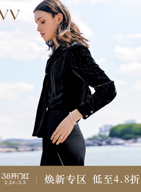 OVVOutlet秋冬热卖女装精致压褶V领飘带休闲通勤丝绒衬衣