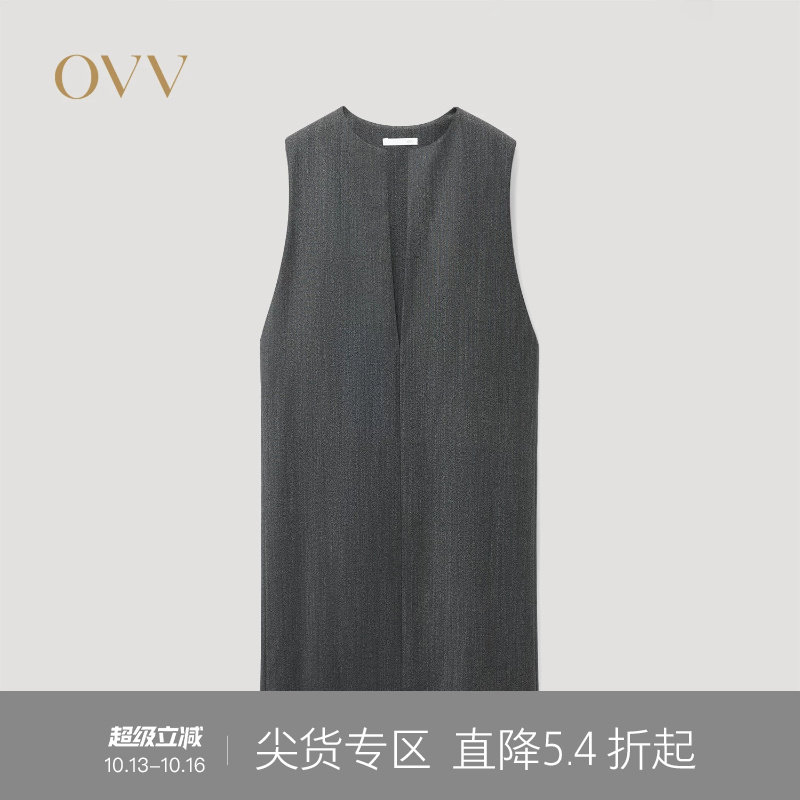 OVV秋冬热卖女装后开衩设计舒适深V直筒无袖连衣裙