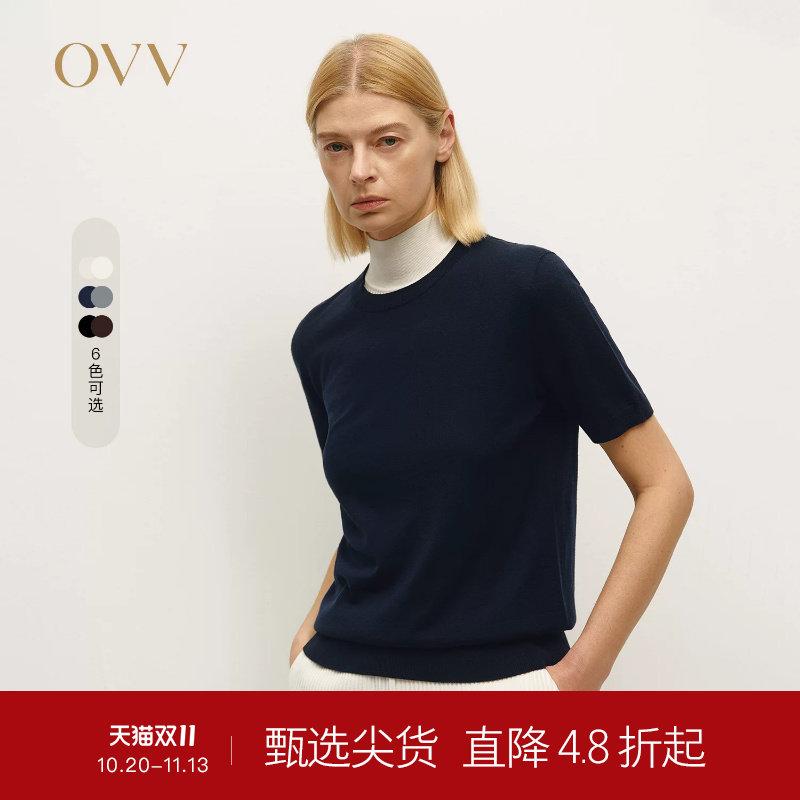 【可机洗羊毛】OVVOutlet24秋冬新女多色简约宽松圆领短袖针织衫