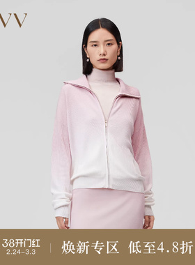 OVVOutlet秋冬新款女装吊染工艺粉色渐变拉链翻领休闲针织外套