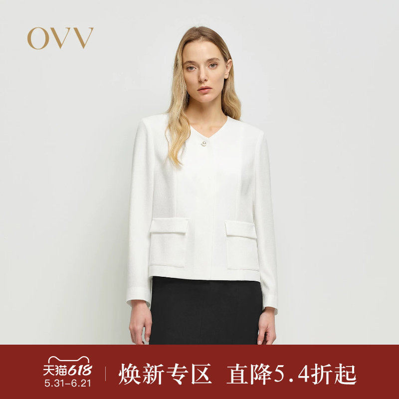 OVV2025春夏新款女装三醋酸面料简约V领夹克休闲外套