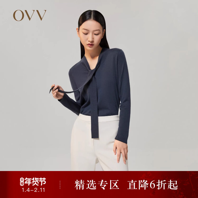 【鄂尔多斯羊绒】OVVOutlet秋冬女装飘带平整服帖长袖针织衫,女装/女士精品,羊绒衫,淘宝优惠券,粉丝福利购,淘宝优惠卷