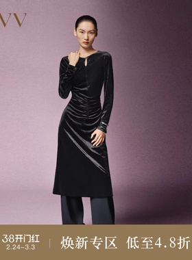 【日本进口三醋酸】【极夜丝绒】OVV秋冬热卖女装圆领连衣裙