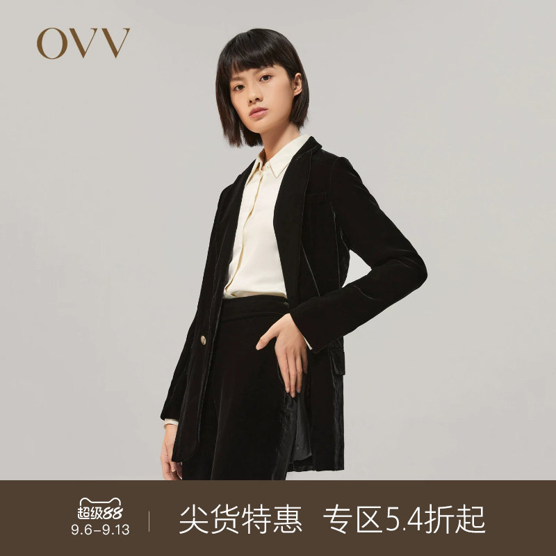 OVVOutlet秋冬女装日本进口光泽丝绒平驳领休闲套装西服