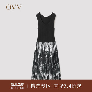 针梭镶拼印花无袖 女装 OVVOutlet秋冬热卖 连衣裙 黄金羊毛