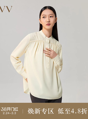 OVV Outlet秋冬女亚麻醋酸混纺干爽舒适小立领长袖休闲衬衫