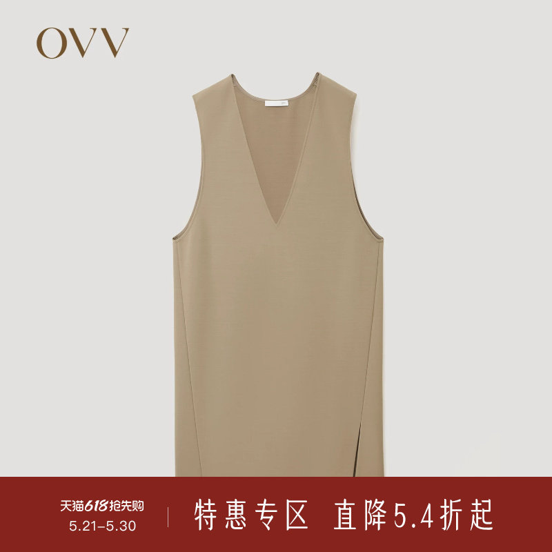 OVVOutlet秋冬热卖女装时尚深V领简约优雅羊毛背心连衣裙