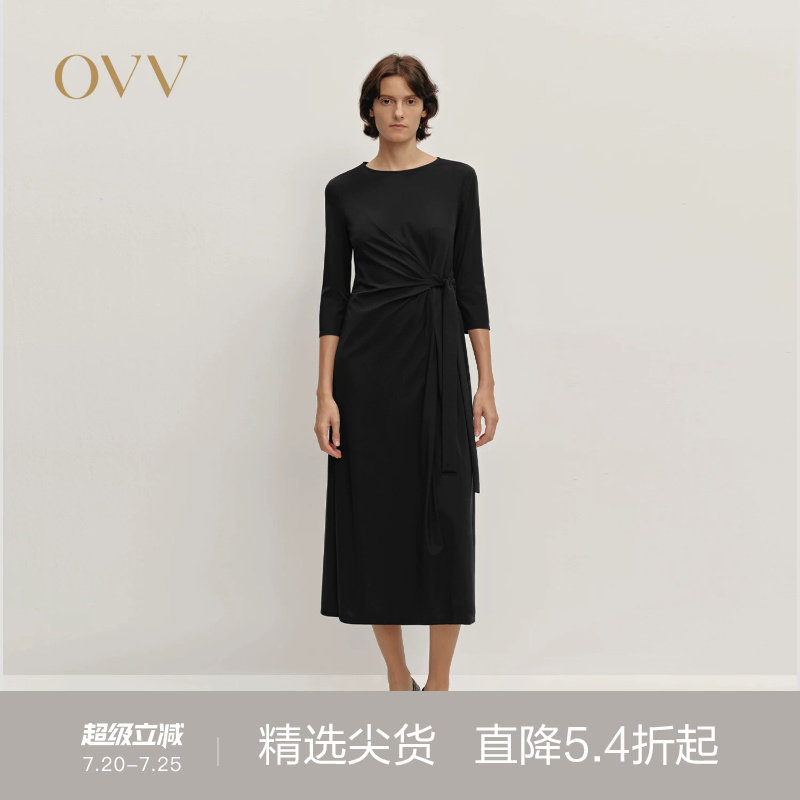 OVV2025秋冬新款女装优雅舒适圆领直筒随附腰带七分袖连衣裙