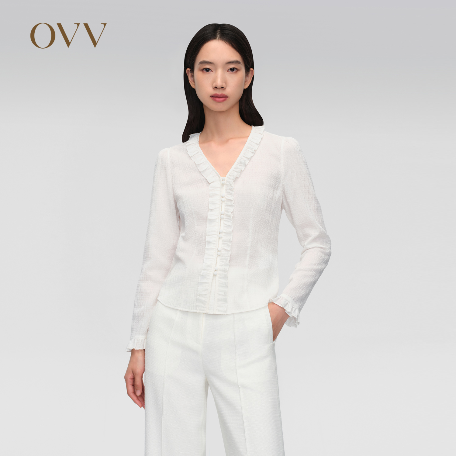 OVV2024春夏新款女装弹力丝棉混纺花边V领泡泡肌理长袖衬衫