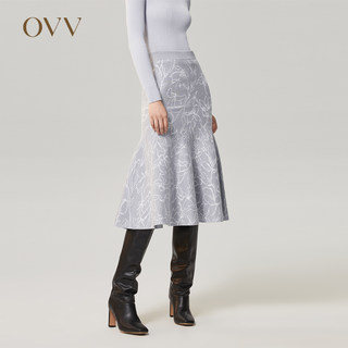 OVV Outlet秋冬女丝毛混纺修身高腰松紧腰包臀双色提花鱼尾半身裙