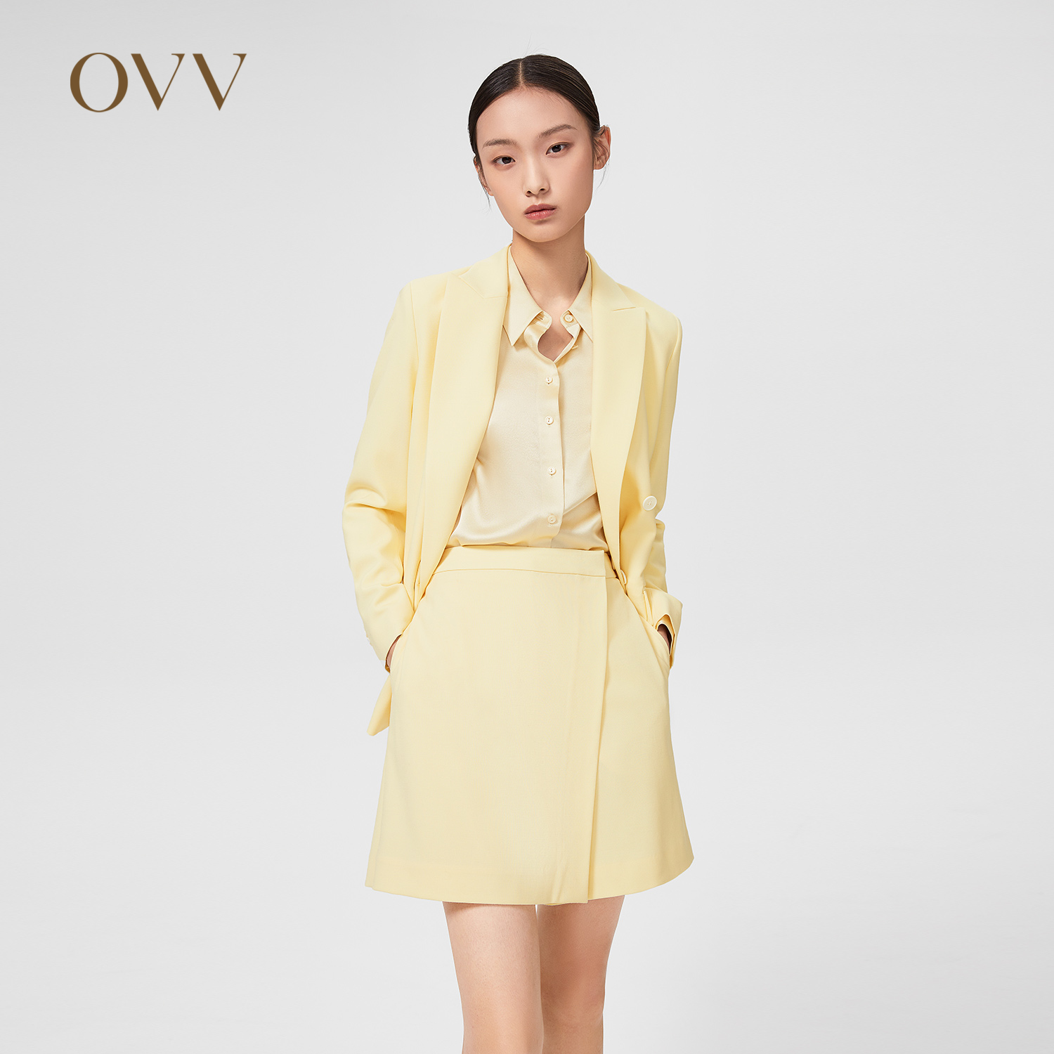 OVV春夏热卖女装精纺羊毛双排扣戗驳领通勤休闲套装西服外套