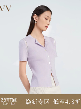 OVV春夏热卖女装醋酸棉质混纺基础圆领镂空织带短袖针织衫