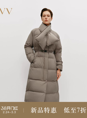 OVVOutlet秋冬热卖新款女装大横格绗线可拆卸充绒围巾V领羽绒服