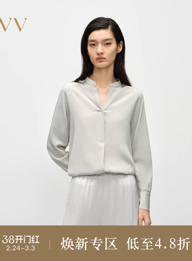 OVV2025春夏新款女装22MM弹力重绉V型小立领桑蚕丝长袖衬衫