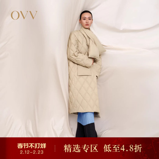 OVV秋冬热卖女装大V领配可拆卸围巾中长款鹅绒羽绒服