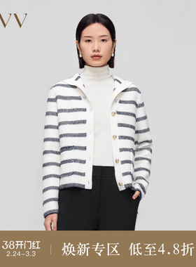 OVVOutlet秋冬新款女装羊毛条纹法式浪漫海军领休闲长袖针织外套