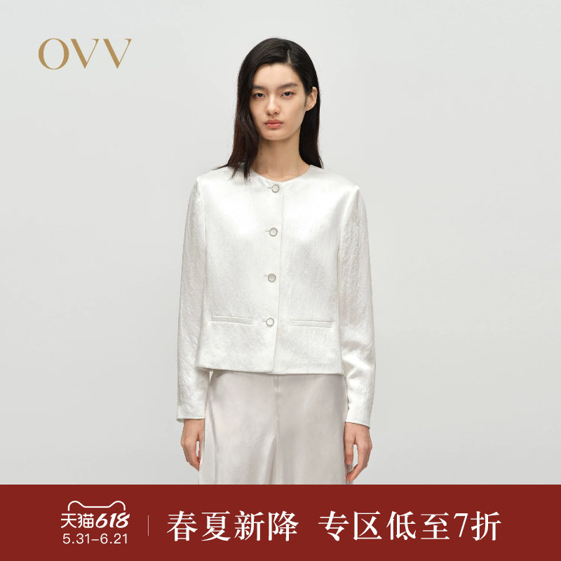 OVV2025春夏新款女装醋酸面料圆领经典直筒夹克休闲外套