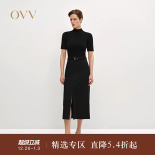 连衣裙 简约时髦休闲针梭镶拼高领短袖 OVVOutlet秋冬热卖 女装