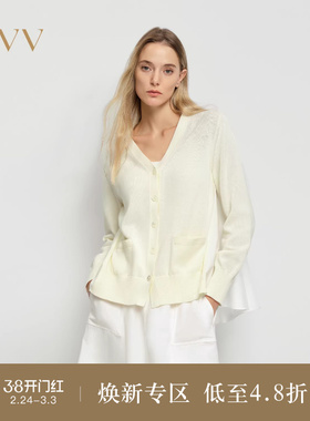 OVV2025春夏新款女装针梭镶拼优雅舒适V领针织开衫外套