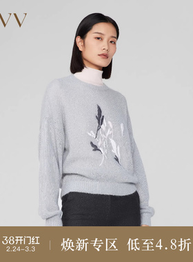 OVVOutlet 秋冬新款女经典圆领植物刺绣印花点缀羊毛套头针织衫