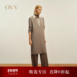 OVVOutlet秋冬热卖女装时尚简约直筒深V领套头长袖连衣裙