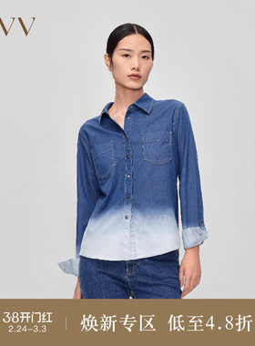 OVVOutlet秋冬新款女装日本进口水洗渐变长袖休闲牛仔衬衫