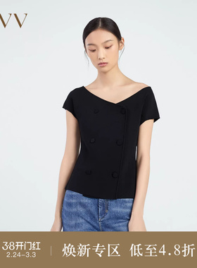 OVV春夏热卖女装优雅一字领收腰休闲通勤短袖针织衫