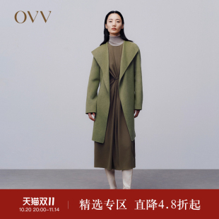 OVVOutlet秋冬女装 羊毛双面呢大衣 优雅随性腰带慵懒睡袍式