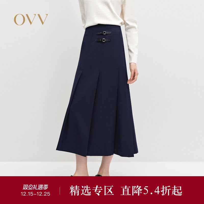 OVV秋冬热卖女装简约时髦斜向百褶皮袢装饰半身裙
