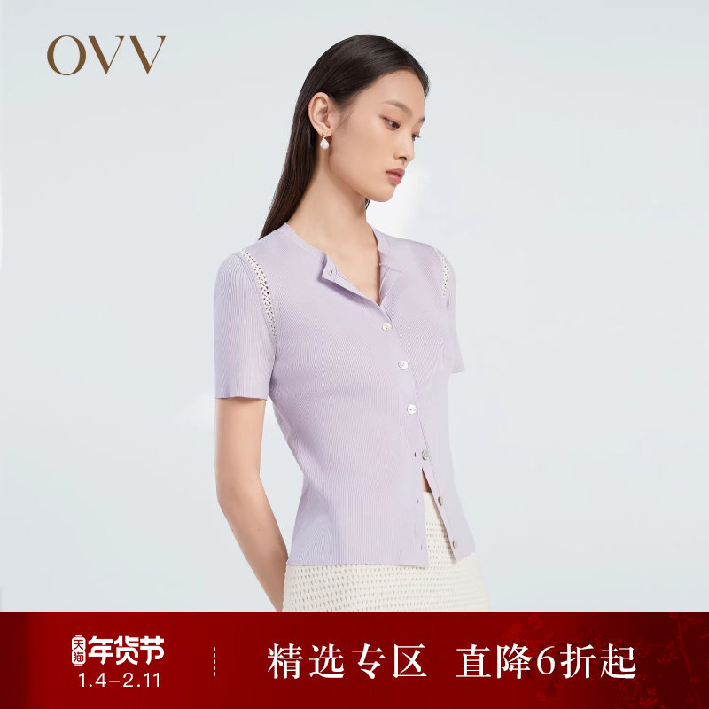 OVV春夏热卖女装醋酸棉质混纺基础圆领镂空织带短袖针织衫