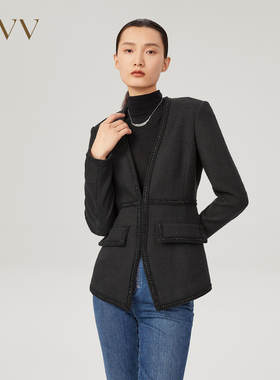 OVV Outlet秋冬热卖黑色亮葱织带镶边修身收腰粗花呢深V夹克
