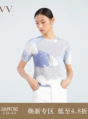 OVV春夏热卖女装柔软亲肤丝光棉肌理感手工印花短袖针织衫