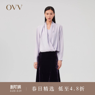 设计长袖 OVV 女23MM重磅真丝V领交叉围裹式 秋冬新款 衬衣 Outlet