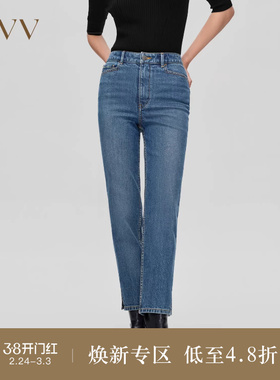 OVVOutlet秋冬新款女装意大利进口棉质面料中腰直筒开衩牛仔裤