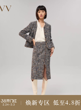【经典粗花呢】OVVOutlet秋冬女装意大利进口开衩半身裙