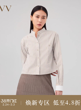 OVVOutlet秋冬新款女装海军风条纹立领撞色袖口棉感长袖衬衫