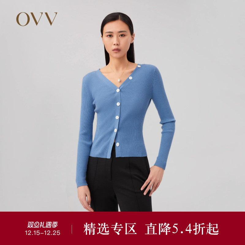 OVV Outlet秋冬新款女装丝羊绒V领罗纹基础修身休闲长袖针