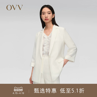 OVV春夏热卖女装平驳领修身七分袖翻边干练休闲西服外套