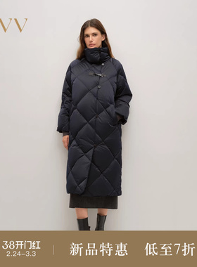 OVV2025秋冬新款女装经典立领精致菱格保暖长款羽绒服
