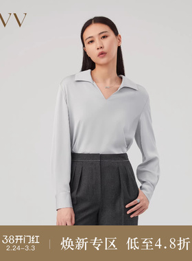 OVVOutlet秋冬新款女装优雅缎面醋酸经典翻领长袖衬衫上衣