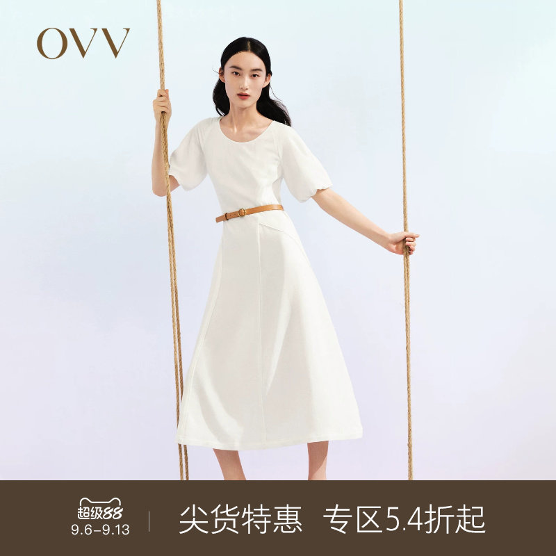 OVV春夏热卖女装单面缎三醋酸法式灯笼袖优雅飘逸短袖连衣裙图片