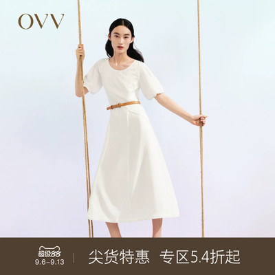 OVV春夏热卖女装单面缎三醋酸法式灯笼袖优雅飘逸短袖连衣裙