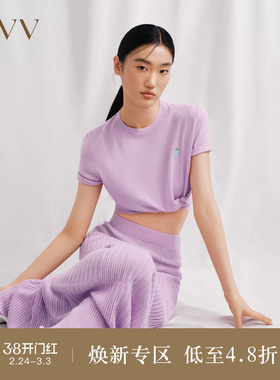 【可机洗黄金羊毛】OVVOutlet秋冬新款女装草莓刺绣短袖针织衫