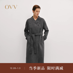 简约舒适无领随附腰带羊毛双面呢大衣 女装 OVVOutlet秋冬热卖 新款