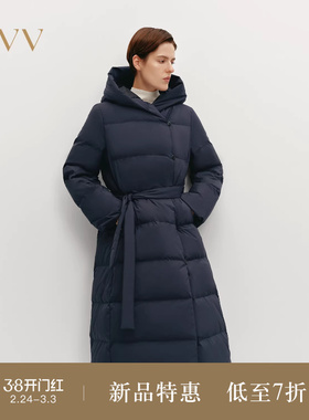 OVVOutlet秋冬热卖新款女装大横格绗线保暖蓬松连帽长款羽绒服