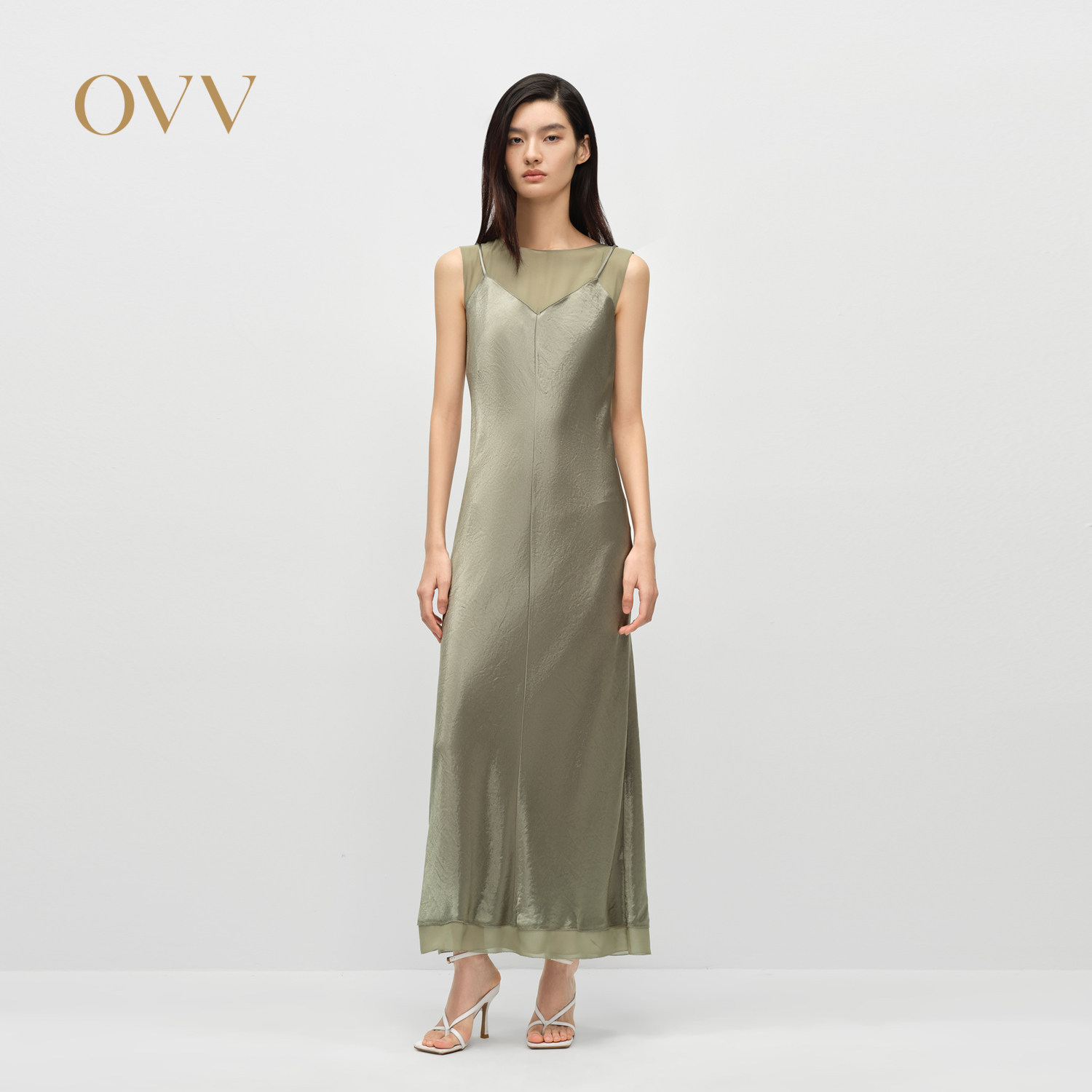 OVV2025春夏新款女装圆领雪纺纱拼接吊带缎面醋酸连衣裙