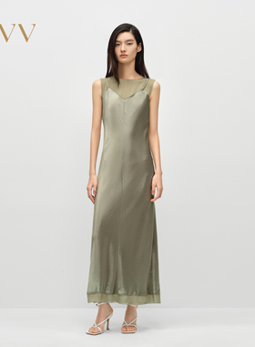OVV2025春夏新款女装圆领雪纺纱拼接吊带缎面醋酸连衣裙