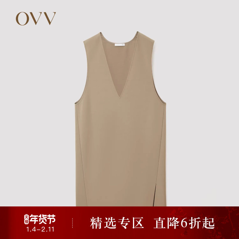 OVVOutlet秋冬热卖女装时尚深V领简约优雅羊毛背心连衣裙