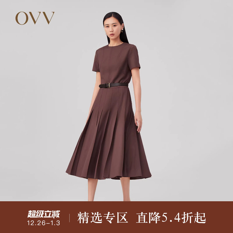 OVVOutlet秋冬新款女装优雅百褶下摆随附撞色腰带短袖连衣裙