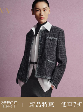 【经典粗花呢】OVVOutlet秋冬热卖女装优雅直筒圆领夹克外套